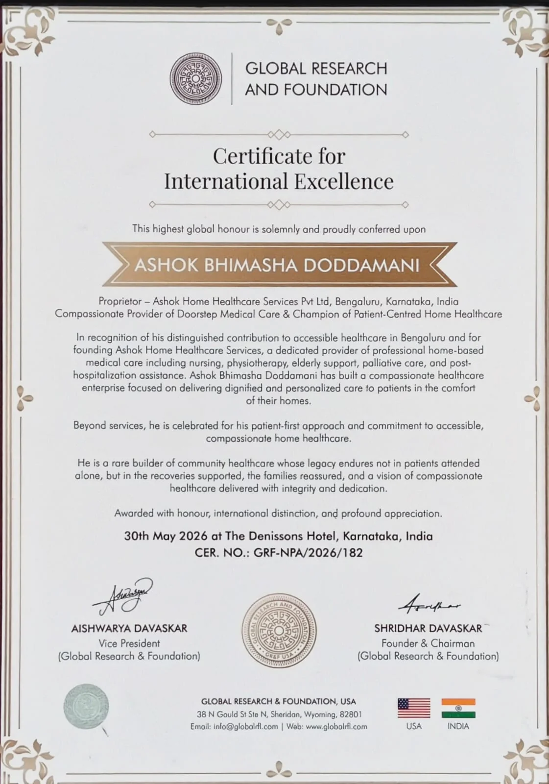 Ashok Doddamani receiving International Excellence Award